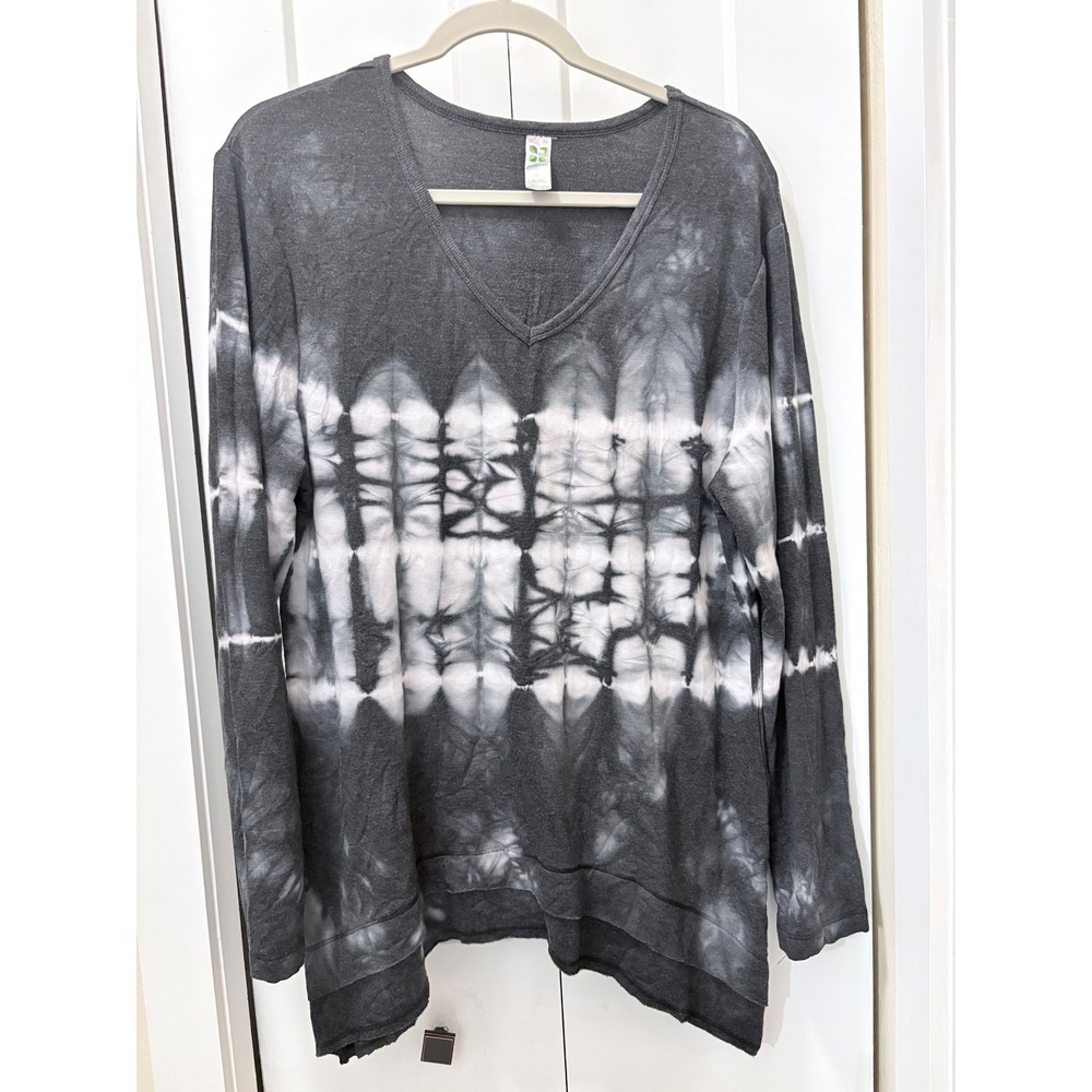 Green Tea Womens Tie Dye V-Neck Long Sleeve Top Black Grey Sharkbite Hem XL